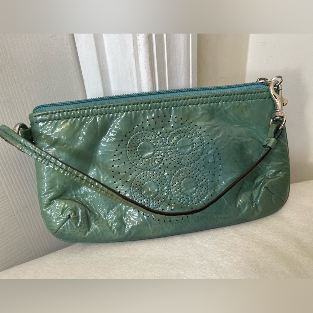 Coach Teal Green Patent Leather Wristlet Clutch